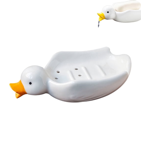 Cute Duck Shape Soap Dish with Drain, Self Draining Soap Holder for Shower, Bathroom, Kitchen Sink
