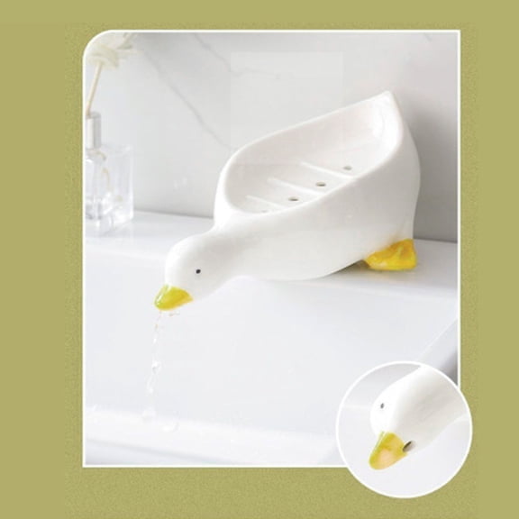 Cute Duck Shaped Soap Holder with Drain Hole, Creative Self-Draining Soap Tray for Bathroom Countertop and Kitchen Sink, Fun Home Decor Accessory Gift White