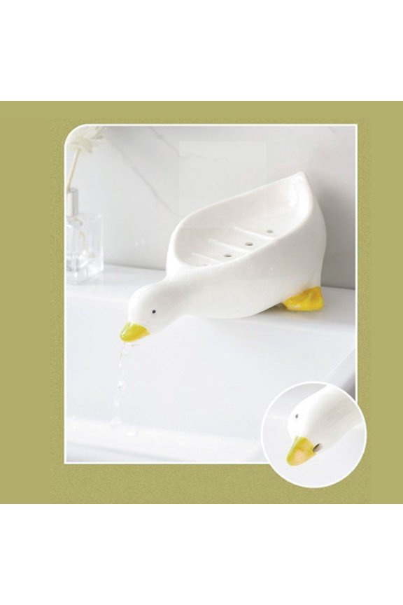 Cute Duck Shaped Soap Holder with Drain Hole, Creative Self-Draining Soap Tray for Bathroom Countertop and Kitchen Sink, Fun Home Decor Accessory Gift White