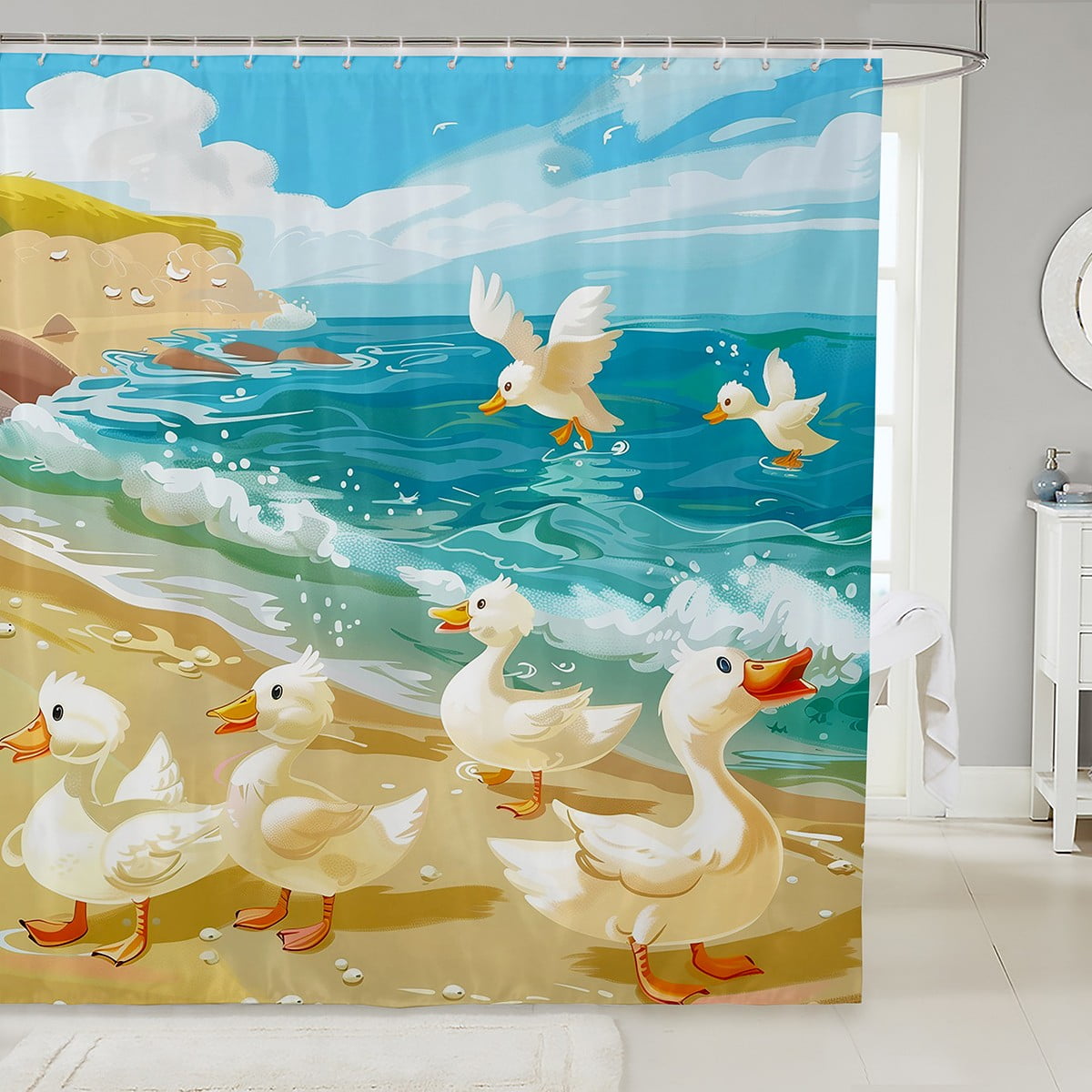 Cute Duck Shower Curtain Summer Beach Bathroom Curtain,Kawaii Farm Animal Bath Curtain Ocean ...