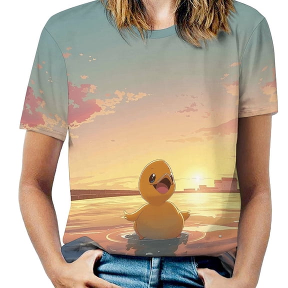 Cute Duck Sunset Scene Womens Tops Women's Fashion Casual Short Sleeve Flower Print Round Neck Pullover Top Blouse