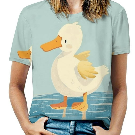Cute Duck Swimming-1 Womens Tops Women's Fashion Casual Short Sleeve Flower Print Round Neck Pullover Top Blouse