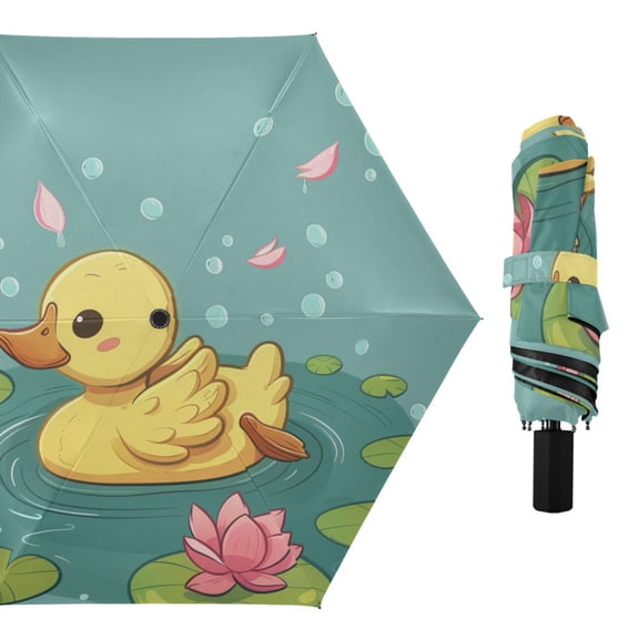 Cute Duck Swimming Flowers Leaves Bubbles All Weather Umbrella Triple Folding Parasol 6 Ribs UV Protection Portable