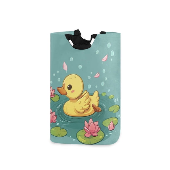 Cute Duck Swimming Flowers Leaves Bubbles Laundry Basket with Handles Foldable Laundry Hamper Freestanding Washing Bin 50L