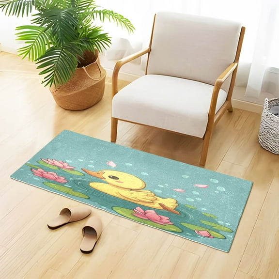 Cute Duck Swimming Flowers Leaves Bubbles Plush Carpet Non Slip Runner Rug Absorbent Bath Mat 39" x 20"