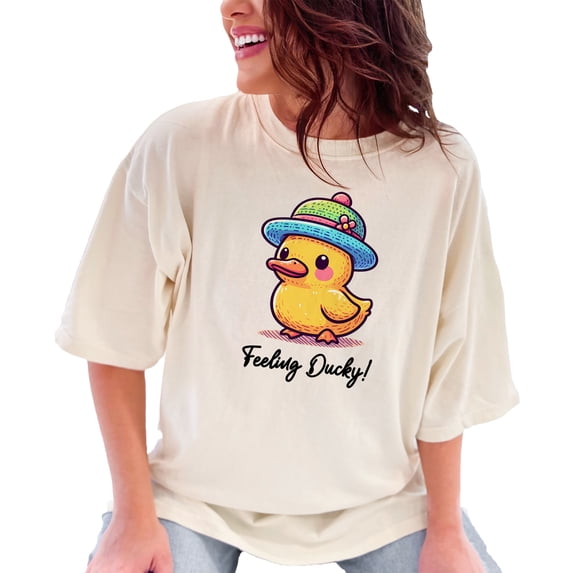 Cute Duck T Shirt, Feeling Ducky Graphic Tee, Adorable Duck Print Shirt, Fun Animal Shirt, Colorful Hat Duck TShirt, Whimsical Tee, Ivory Comfort Colors T-Shirt, Large