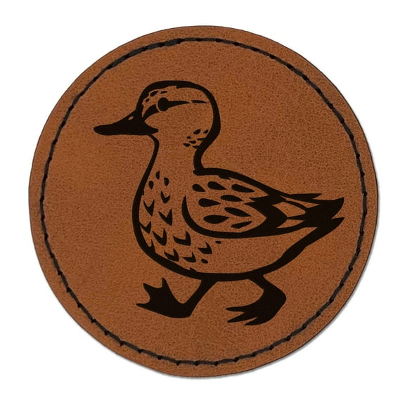 Cute Duck Walking 2.5" Faux Leather Round Engraved Iron-On Patch - Brown