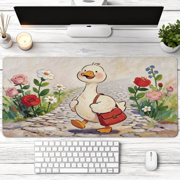 Cute Duck Walking With Satchel In Flower Garden Mouse Pad,Non Slip Rubber Pad,Desktop Decoration Drotection Pad,Washable,Lock Edge Multi Size,Mousepad For Home