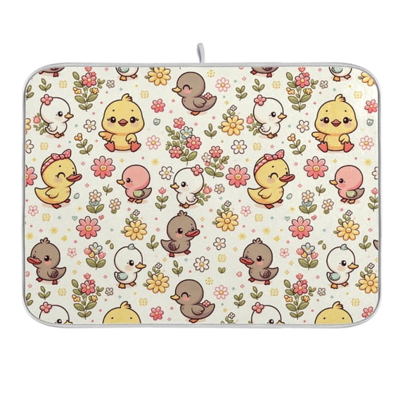 Cute Duck and Flower Dish Drying Mat 16x18 Absorbent Microfiber Draining Rack Pad for Kitchen Counter Sink