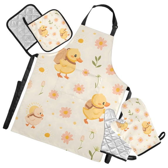 Cute Duck with Backpack 5 Pcs Kitchen Set Heat Resistant Oven Mitts and Non-Slip Pot Holders with Adjustable Cooking Apron
