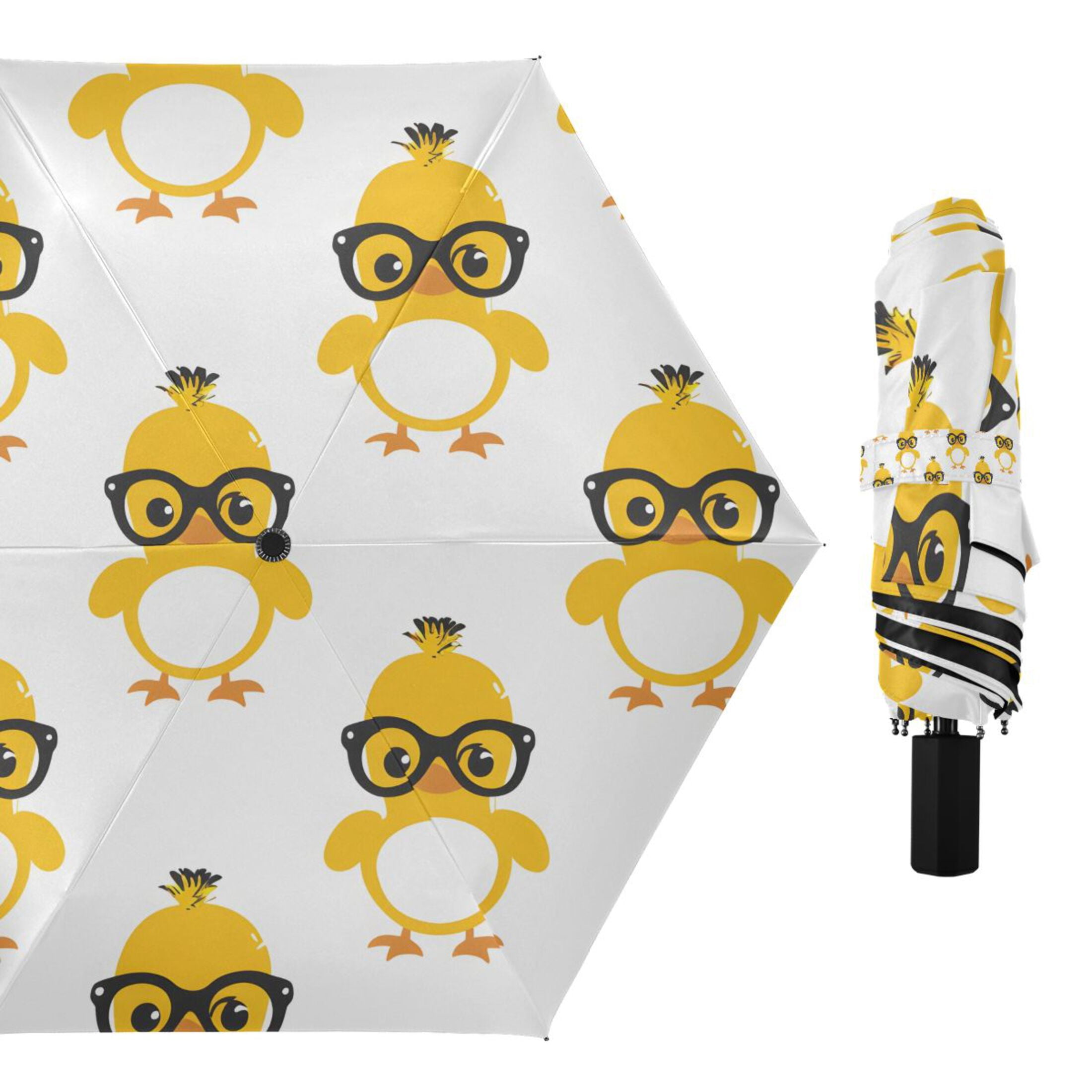 Cute Duck with Glasses Compact Sun Umbrella Windproof Travel Umbrellas for Rain Strong Portable UV Protection