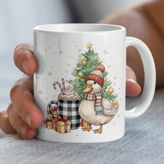 Cute Duck with Winter Haozy Hot oa Mug Cistmas Tree Fest day Gift Idea Coffee Tea Lover Unique Mug Present.