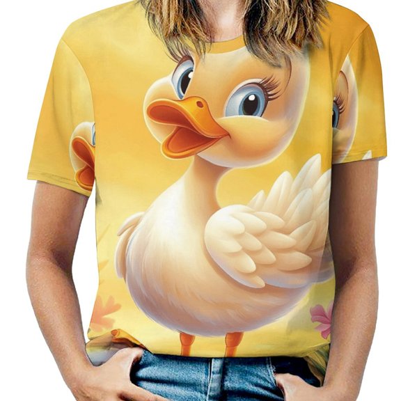 Cute Duckling Artwork-1 Womens Tops Women's Fashion Casual Short Sleeve Flower Print Round Neck Pullover Top Blouse