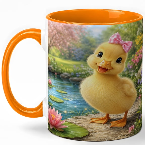 Cute Duckling Coffee Mug, Spring Garden Pond Duck Lover Design, 11 oz Ceramic Cup