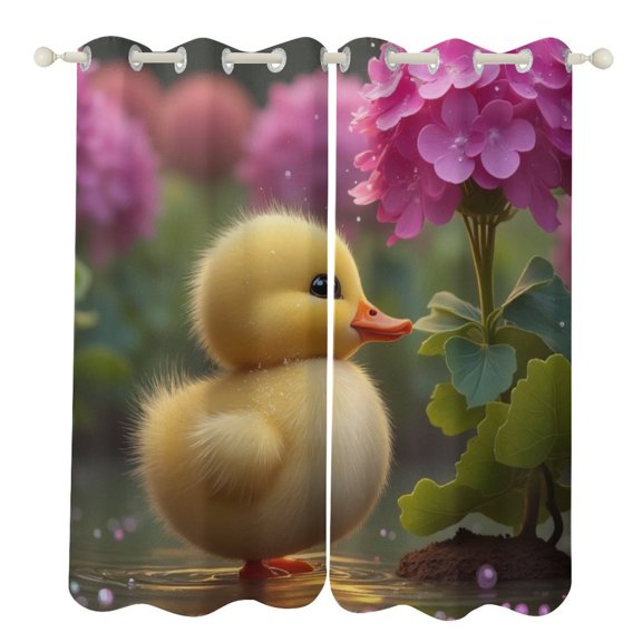 Cute Duckling with Pink Flowers 2 Panels Curtains for Bedroom Living Room Drapes Kitchen Window Curtain Home Decor