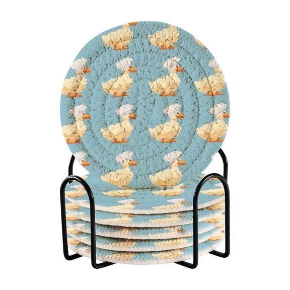 Cute Ducks Chef Hat Pixel Style Drinking Coasters Cup Mat with Holder for Kitchen Cafe Bar 6 Packs