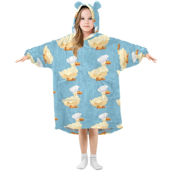 Cute Ducks Chef Hat Pixel Style Flannel Wearable Blankets Hooded Design Long Sleeves Wrap Unisex for 3T-14Y L