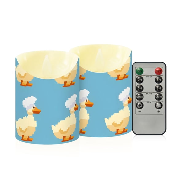 Cute Ducks Chef Hat Pixel Style Flickering Flameless Candles with Remote Timer Battery Operated LED Tealight Set of 2 M
