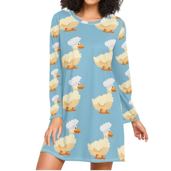 Cute Ducks Chef Hat Pixel Style Women's Long Sleeves Nightgowns Sleepwear Soft Pajama A-line Sleep Dress L