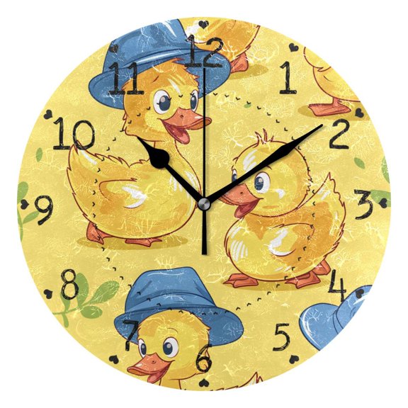 Cute Ducks Wearing Hats Round Wall Clock Silent Analog Battery Operated Black Pointer Home Decor 9.84" Diameter