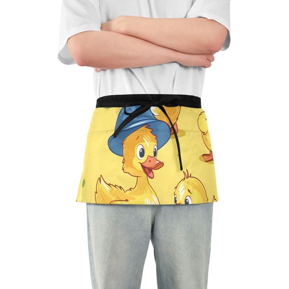 Cute Ducks Wearing Hats Short Server Apron with 3 Pockets for Unisex Chef Gardening