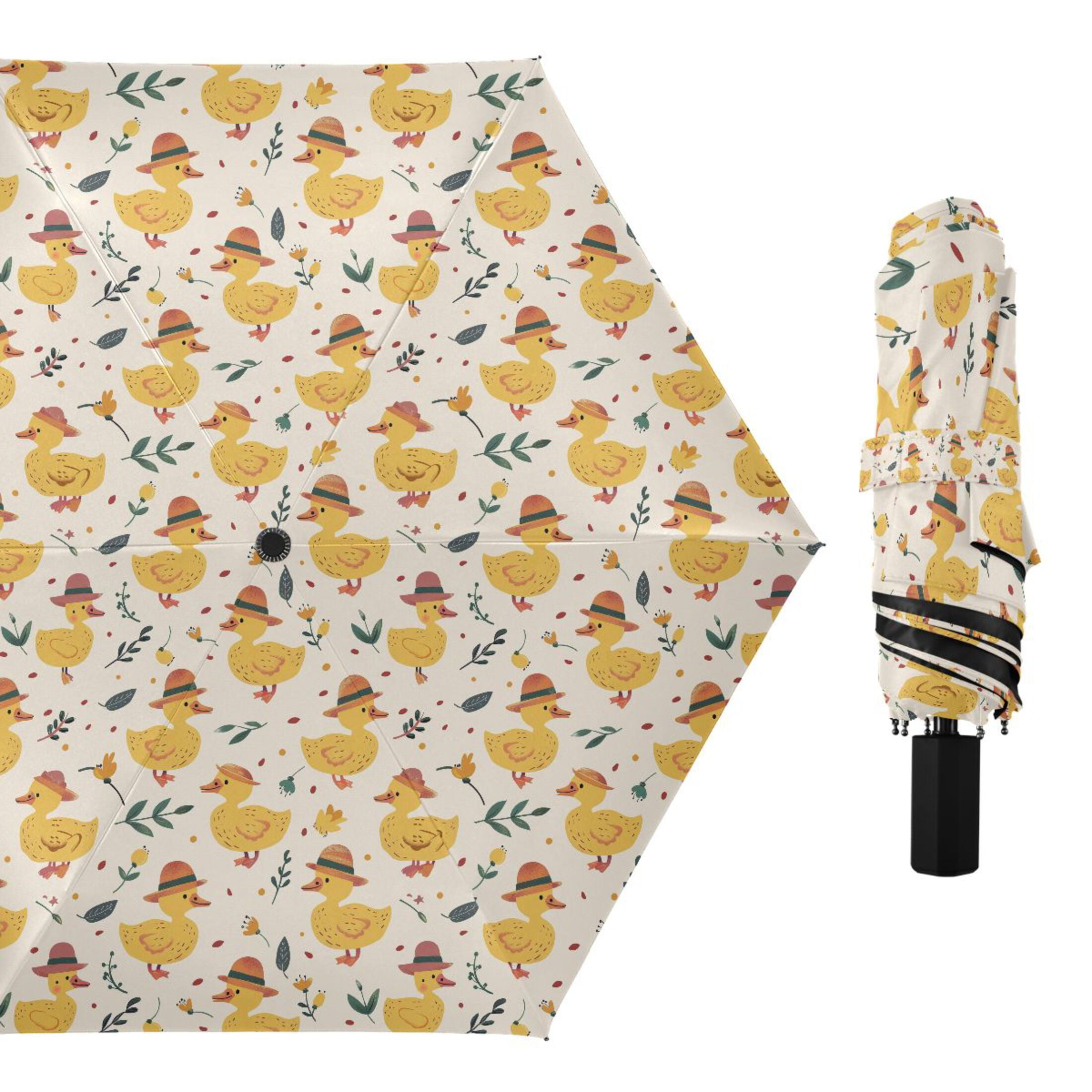 Cute Ducks with Hat Compact Sun Umbrella Windproof Travel Umbrellas for Rain Strong Portable UV Protection