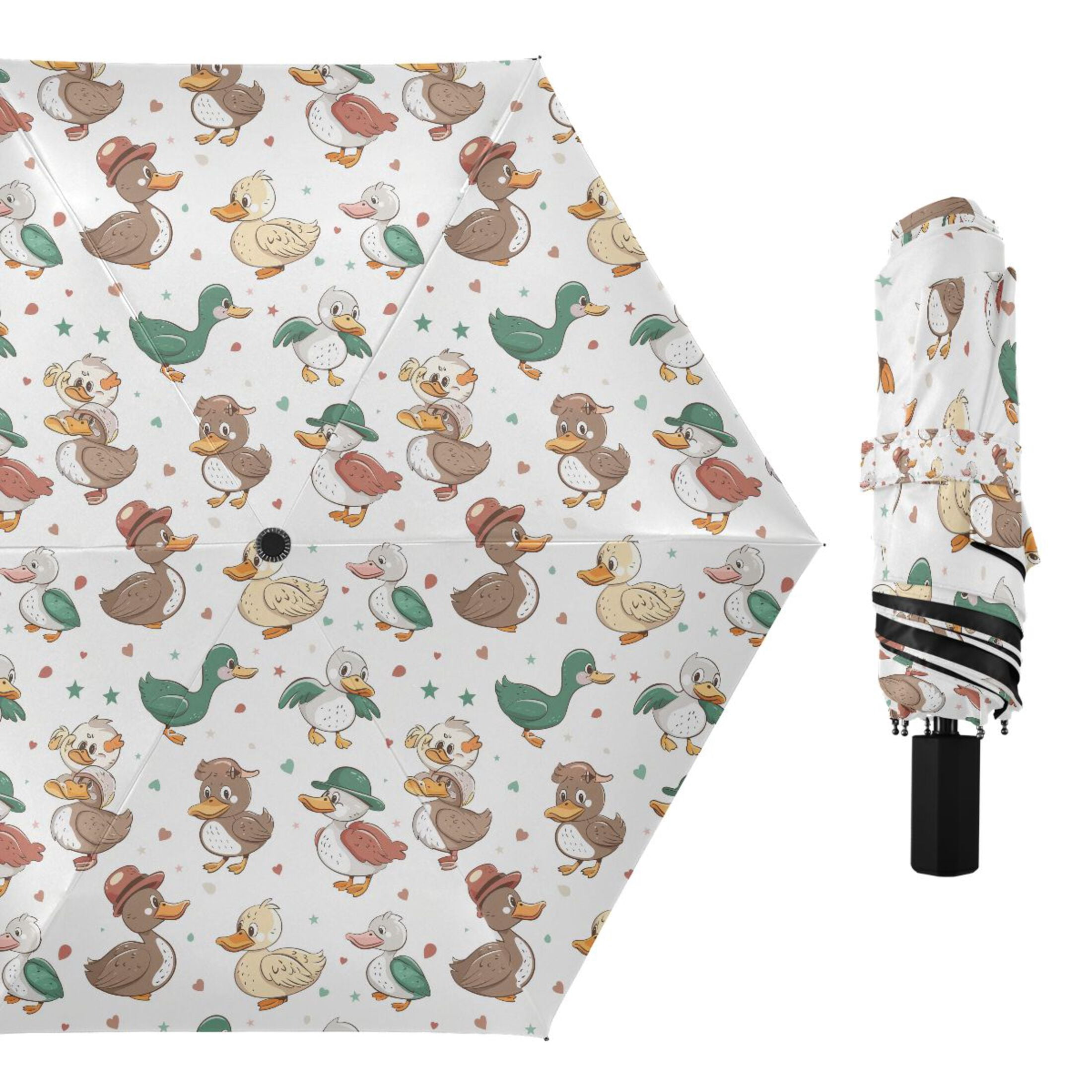 Cute Ducks with Hat Compact Sun Umbrella Windproof Travel Umbrellas for Rain Strong Portable UV Protection