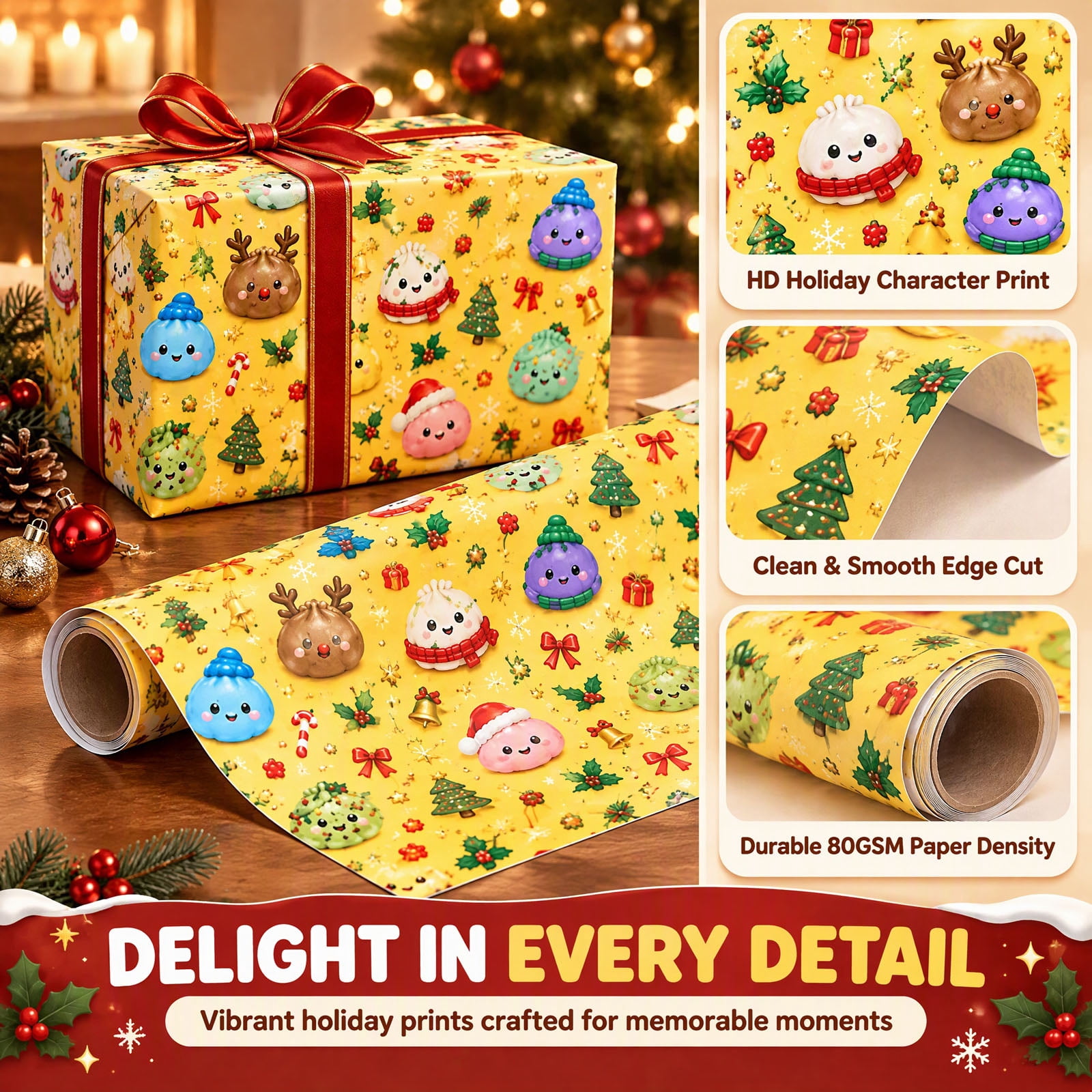 Fun Work Wrapping Paper Cute Dumpling Christmas Wrapping Paper Roll, 23.6