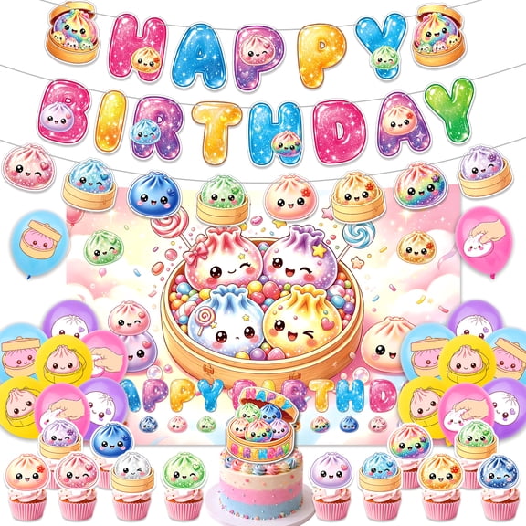 Cute Dumpling Theme Birthday Party Decorations Set, Happy Birthday Banner, Photo Backdrop, Printed Latex Balloons, Cake & Cupcake Toppers, Complete Party Supplies for Birthday Celebrations