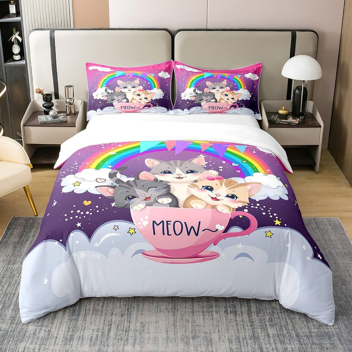 Cute Duvet Cover for Cat Girls,Cartoon Cat Kitten Bedding Set for Kids