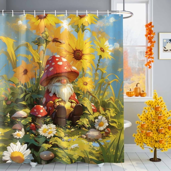 Cute Dwarf with Red Mushroom on Grass Shower Curtain for Bathroom, Yellow White Floral Waterproof Shower Curtains Washable Quick Dry with Hooks Bathtub Curtains 72x72 IN