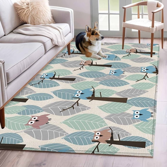Cute Eagle Area Rugs 4x6 ft Trunk Leaves Green Cartoon Linen Washable Rug Non Slip Indoor Carpet Absorbent Floor Mat for Living Room Bedroom Dining Room