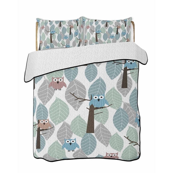 Cute Eagle Quilts Bedding Set Twin Size Trunk Leaves Green Cartoon Lightweight Quilted Bedspread 3 Piece Bed Quilt with 2 Pillow Shams All Season for Bedroom 68" x 86"