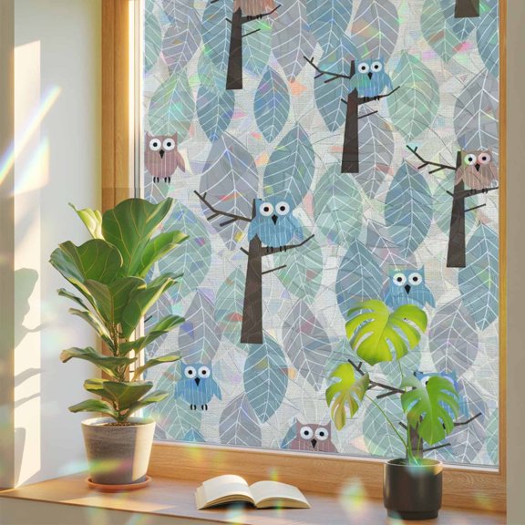 Cute Eagle Window Privacy Film, Trunk Leaves Green Cartoon Linen Stained Glass Rainbow Film Decorative Window Clings, Static Cling Sun Blocking Stickers 17.7" x 39.3"