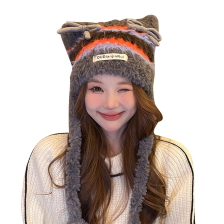 Cute Ear Square Fuzzy Beanie,Y2K Winter Funny Kawaii Fluffy Hat With Ear For Women Gray