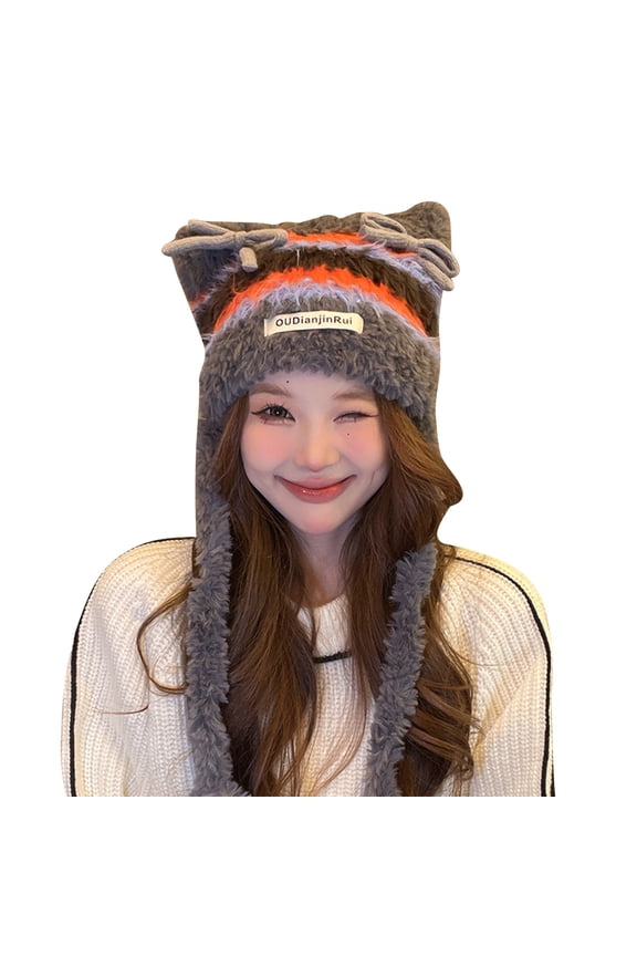 Cute Ear Square Fuzzy Beanie,Y2K Winter Funny Kawaii Fluffy Hat With Ear For Women Gray