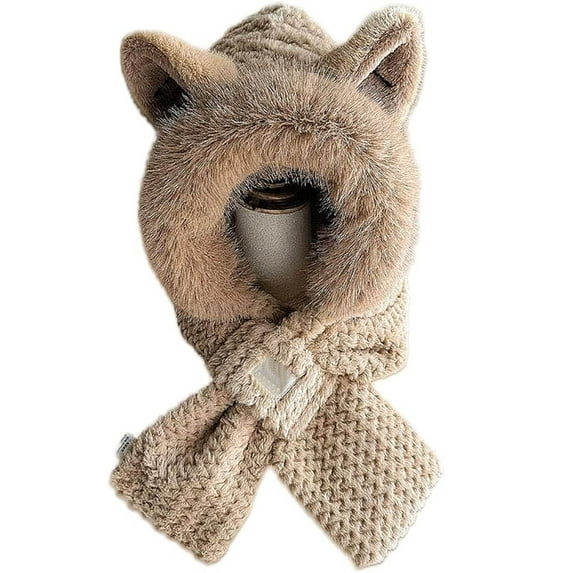 Cute Ears 2 In 1 Hat And Scarf Ear Scarf Hat Beanie Hat Scarf Combo Hood Combines A Hat For Women, Cute & Sweet Bomber Hats Yellow