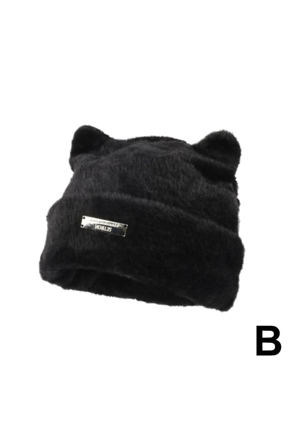 Cute Ears Knitted Bonnets Hats for Women Imitation Hair Hat Trend Women Standard Winter Letter Japanese Beanies