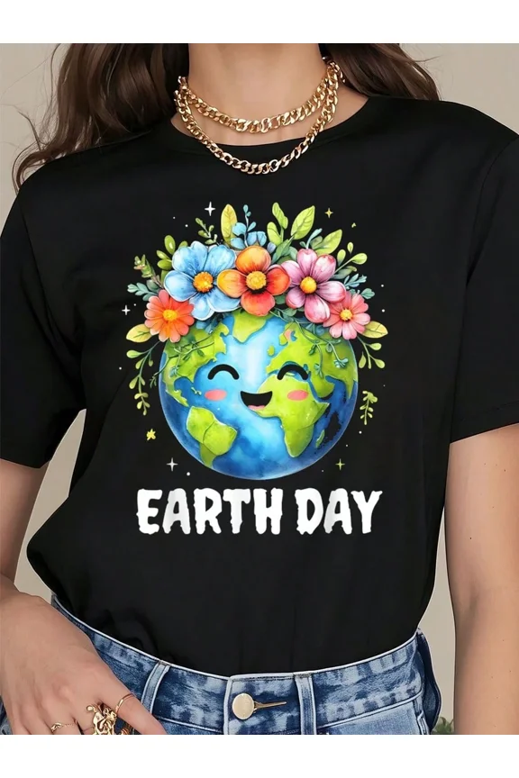 Cute Earth Day Floral Graphic Tee Retro Environmental Planet Awareness Women's Short Sleeve T-Shirt Black