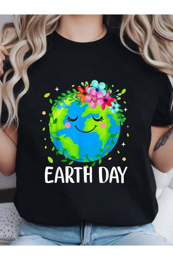 Cute Earth Day Floral Planet Graphic Tee Retro Aesthetic Nature Lover Smiling Earth T-Shirt Women's Casual Short Sleeve Top