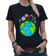 Cute Earth With Flowers Earth Day Graphic Tees Womans Tshirt Shirts White/Black S-5XL Tops
