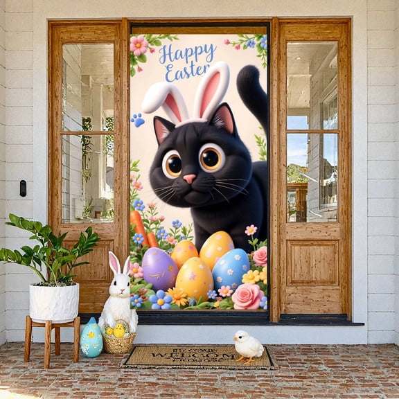 Cute Easter Banner Bunny Ears Happy Easter Display Colorful Easter Eggs Floral Decor Easter Backdrop for Easter Party Spring Celebration Kids Party