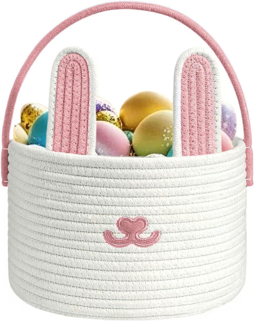 Cute Easter Basket, Large Easter Bunny Basket, Woven Cotton Rope Baby Egg Easter Baskets for Girls, Boys, Toddler, Babies, Infant, with Gift Bags and Ribbons, Pink