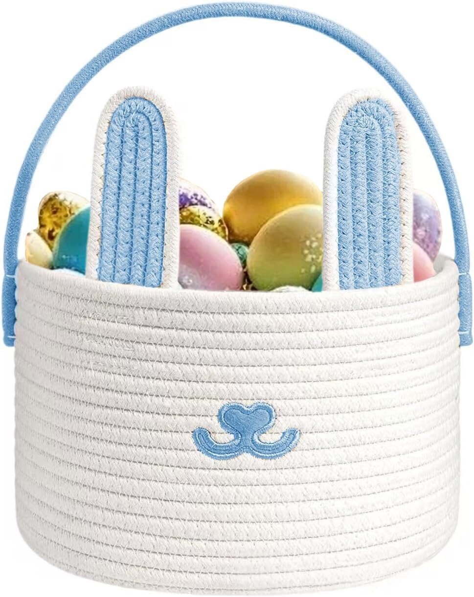 Cute Easter Basket, Large Easter Bunny Basket, Woven Cotton Rope Baby Egg Easter Baskets for Girls, Boys, Toddler, Babies, Infant, with Gift Bags and Ribbons, Pink