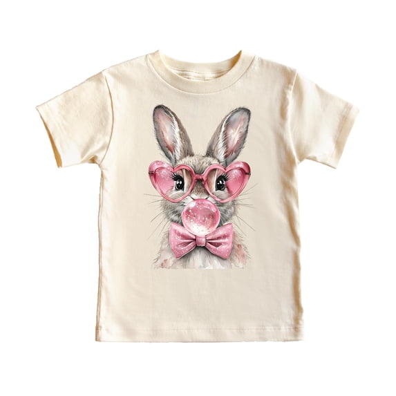 Cute Easter Bubble Gum Bunny Shirt for Youth and Toddler Girls Fun Glasses and Bow Rabbit Tee Natural Shirt Youth Medium