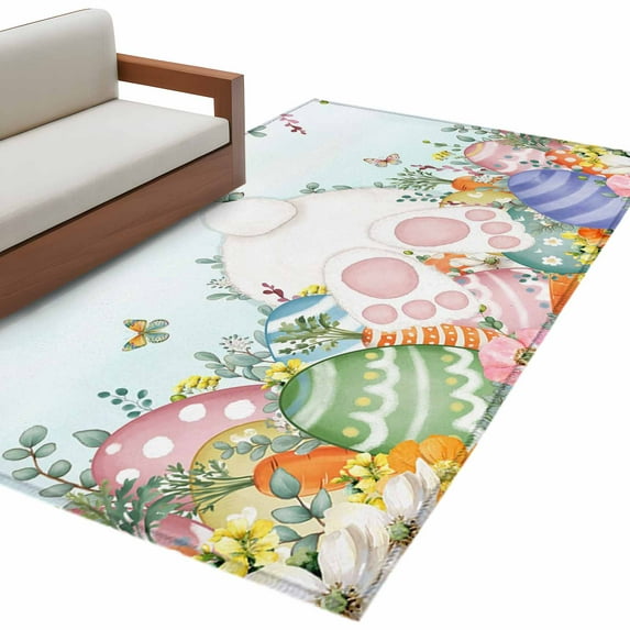 Cute Easter Bunny Area Rugs Collection 2.7'x5', Eucalyptus Leaves Colorful Eggs Teal Non Slip Indoor Rectangle Throw Runner Rug Floor Mat Carpet for Living Room Dining Table Bedroom Nursery
