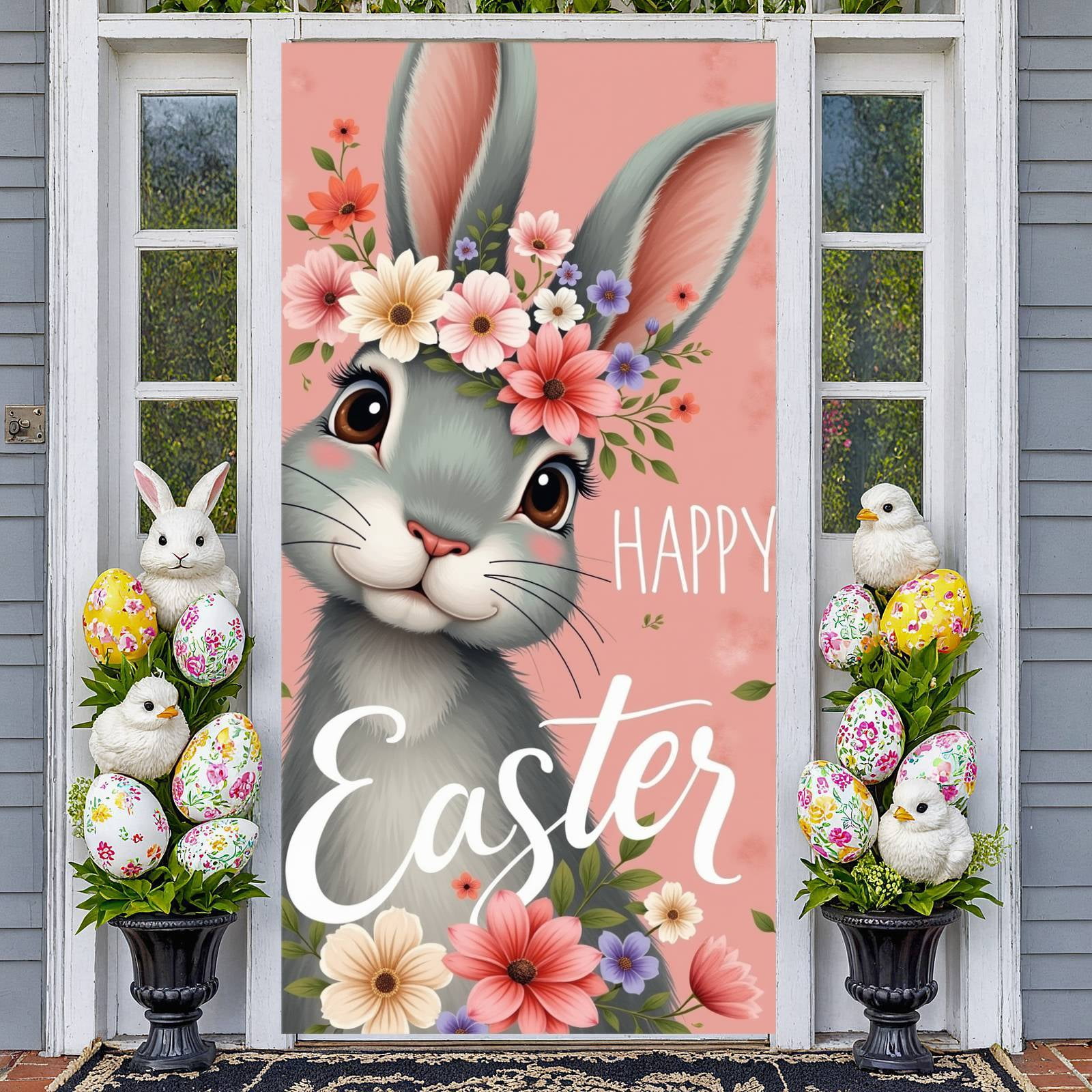 Cute Easter Bunny Banner Floral Rabbit Backdrop Pastel Pink Colorful ...