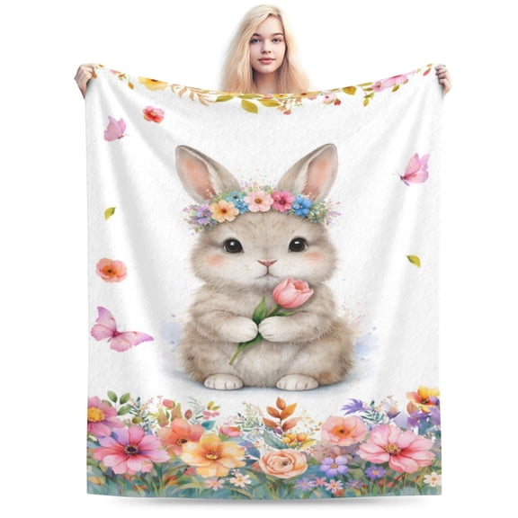 Cute Easter Bunny Blanket Spring Bunny Throw Blanket Soft Cozy Flannel Floral Rabbit Blanket Easter Holiday Gift for Kids 50x40