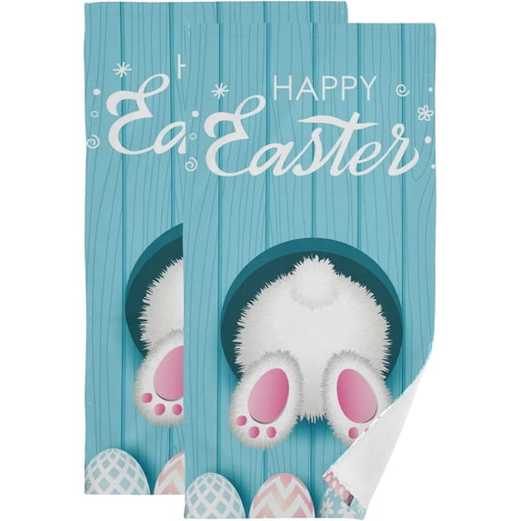 Cute Easter Bunny Bottom Hand Towels 2 PCS, Blue Wooden Board Kitchen Towel Ultra Soft and Highly Absorbent,Decorative Fingertip Face Towel for Bathroom Hotel, 28.3"x14.4"