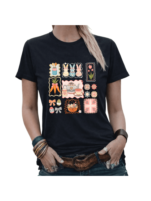 Cute Easter Bunny Carrot Floral Gift Graphic Tees Womans T shirt White/Black S-5XL Tops